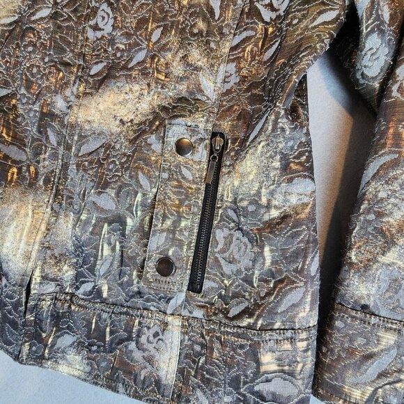 Chicos Gold Metallic Floral Shimmer Jacket Full Zip Front Pockets Snap Cuffs 2 - Picture 6 of 11